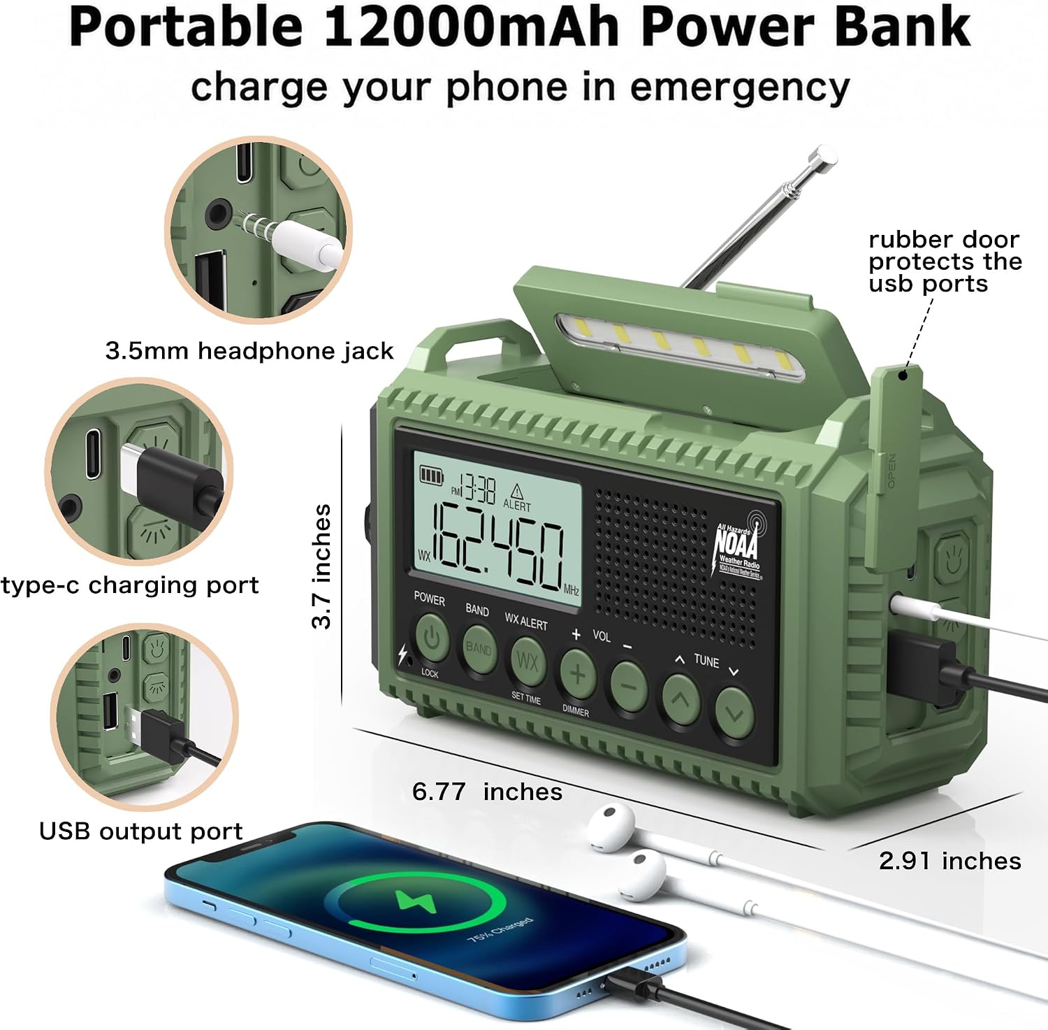 Thumbnail 4 de Eoxsmile NOAA Weather Radio 12000mAh Emergency Crank & Solar AM/FM Shortwave Radio (USB-C)