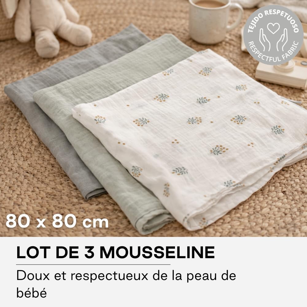 Detalle 2 de Lot de 3 langes Bébé 80x80 cm en coton et bambou naturel – Doux, respirants et hypoallergéniques