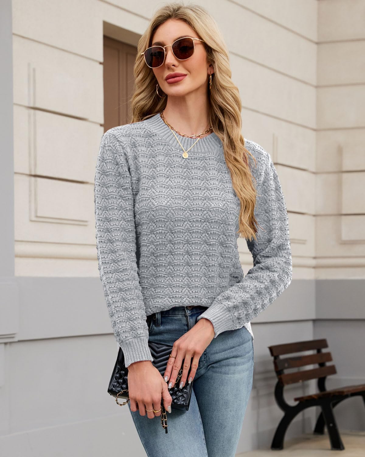 Thumbnail 3 de Quatrefox Damen Pullover Winter Rundhals Grobstrick mit Wellenmuster – locker sitzender Strickpullover