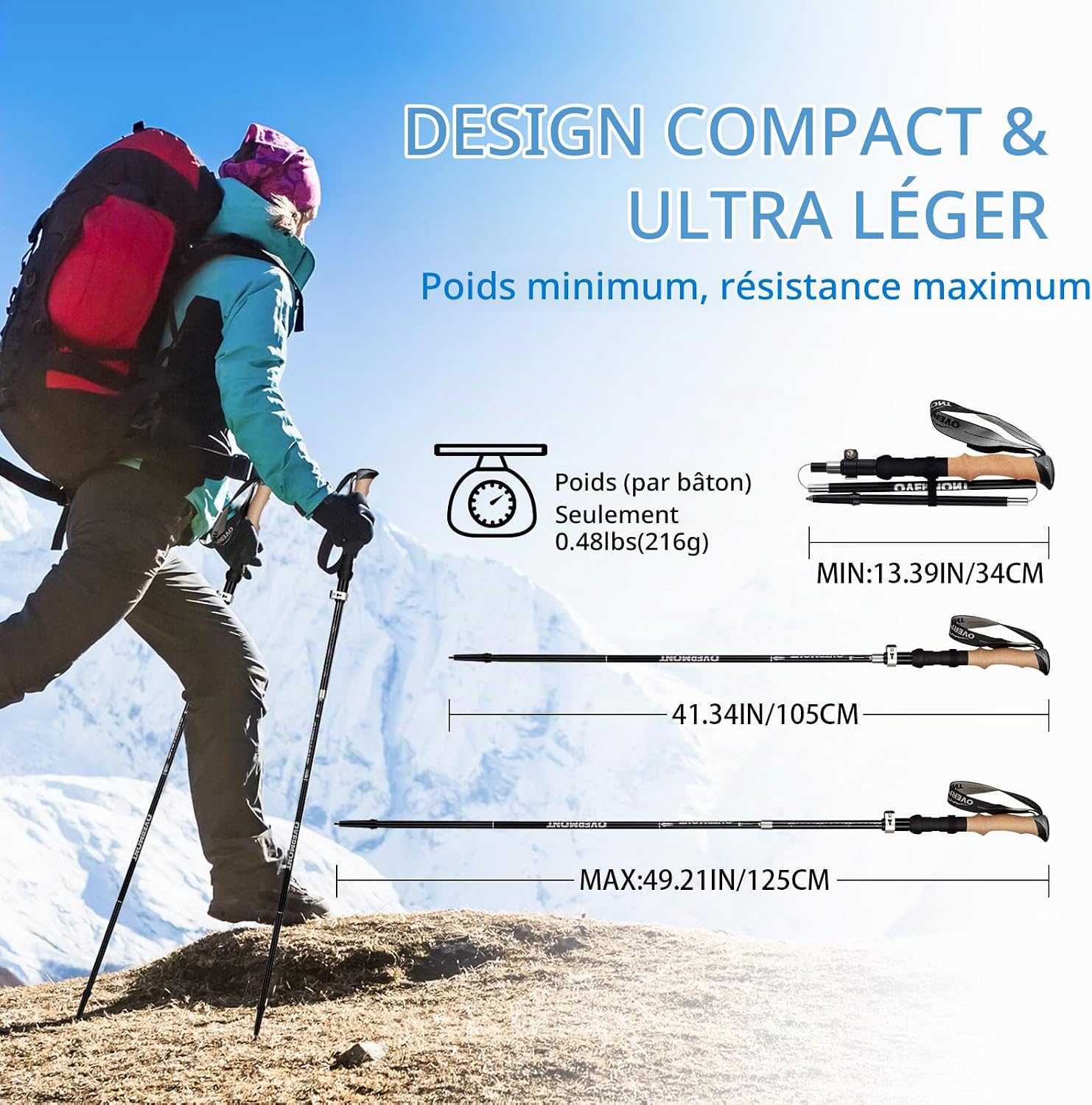 Thumbnail 2 de Overmont OM-Trekking Poles-Folding-Aluminium wandelstokken, 7075-aluminium en EVA-grepen