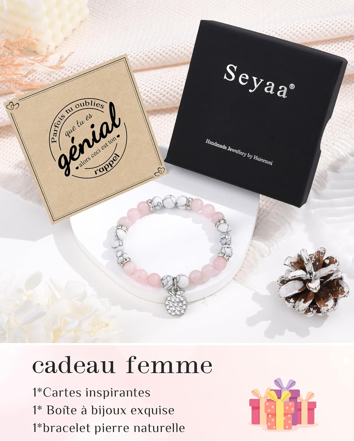 Thumbnail 3 de Seyaa Idee Cadeau Femme, Bracelet Pierre Naturelle avec Pendentif Cœur et Pomme – Élan de Vitalité