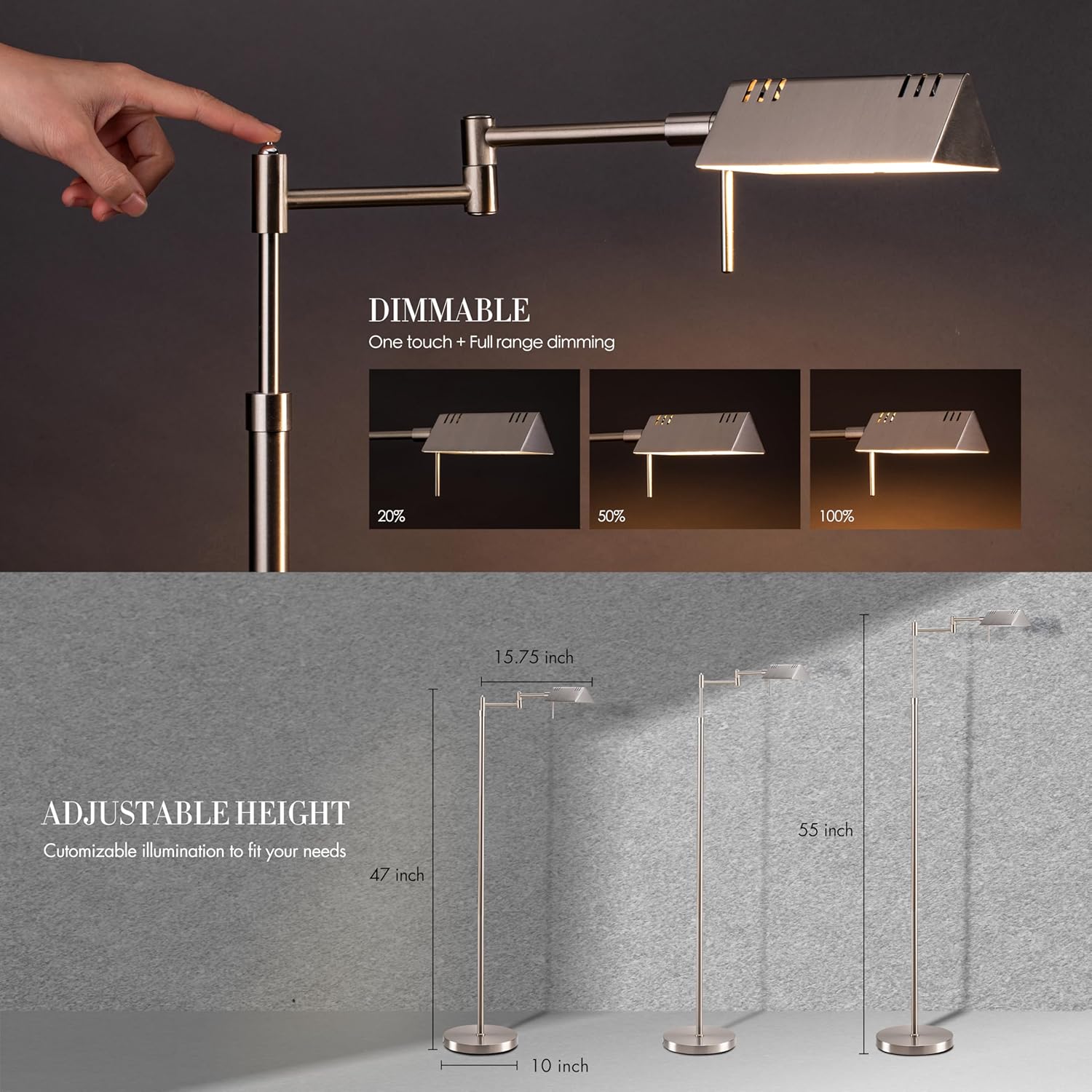 Thumbnail 1 de O’Bright Dimmable LED Pharmacy Floor Lamp (12W) with Full-Range Dimming, 360° Swing Arms, and Adjustable Height