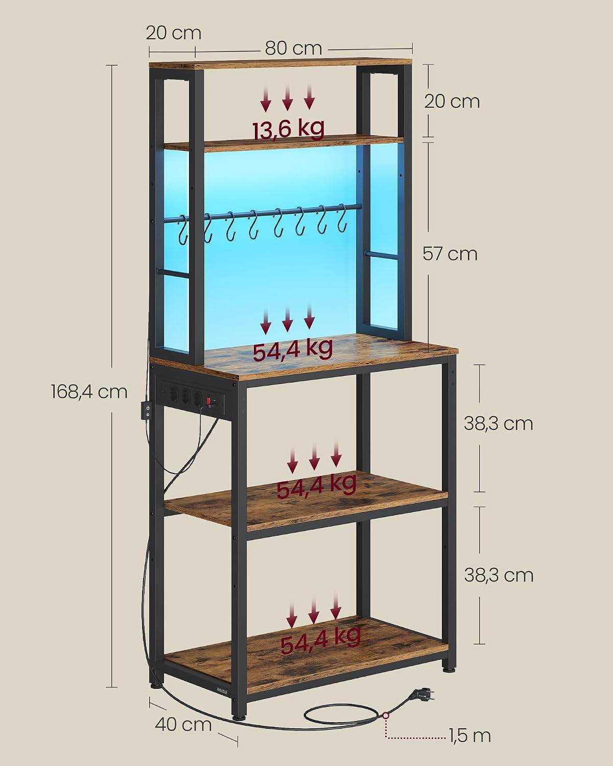 Thumbnail 6 de VASAGLE Scaffale da Cucina con LED KKS049KD01 – 40 x 60 x 168,4 cm, Marrone Vintage/Nero Opaco