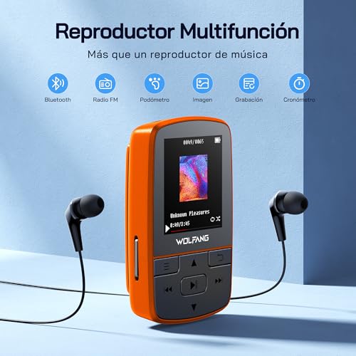 Detalle 2 de WOLFANG Reproductor MP3 con Bluetooth 5.2, Clip Deportivo y Auriculares (Naranja)