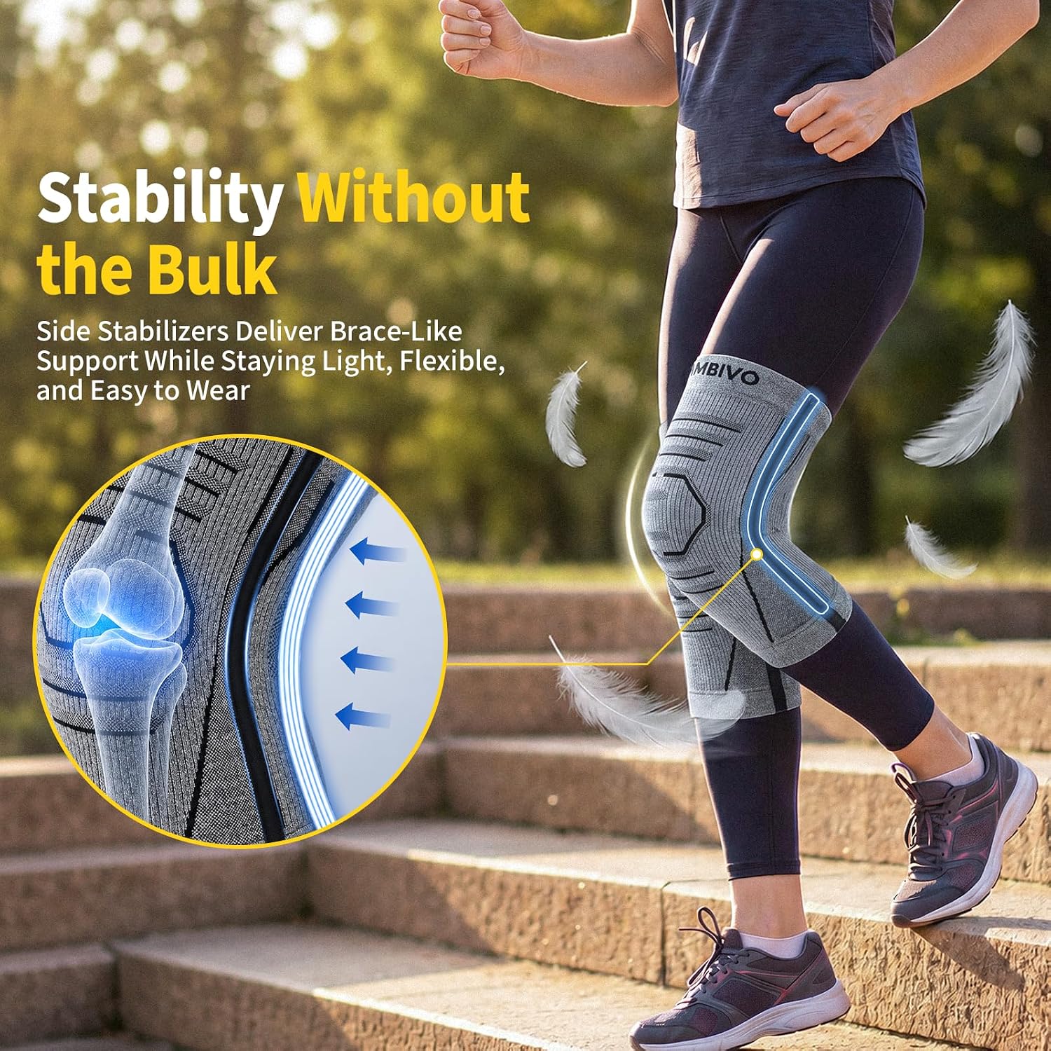 Detalle de CAMBIVO 2 Pack Knee Support with PMMA Side Stabilizers – Lightweight, Breathable Knee Brace for Running and Daily Wear