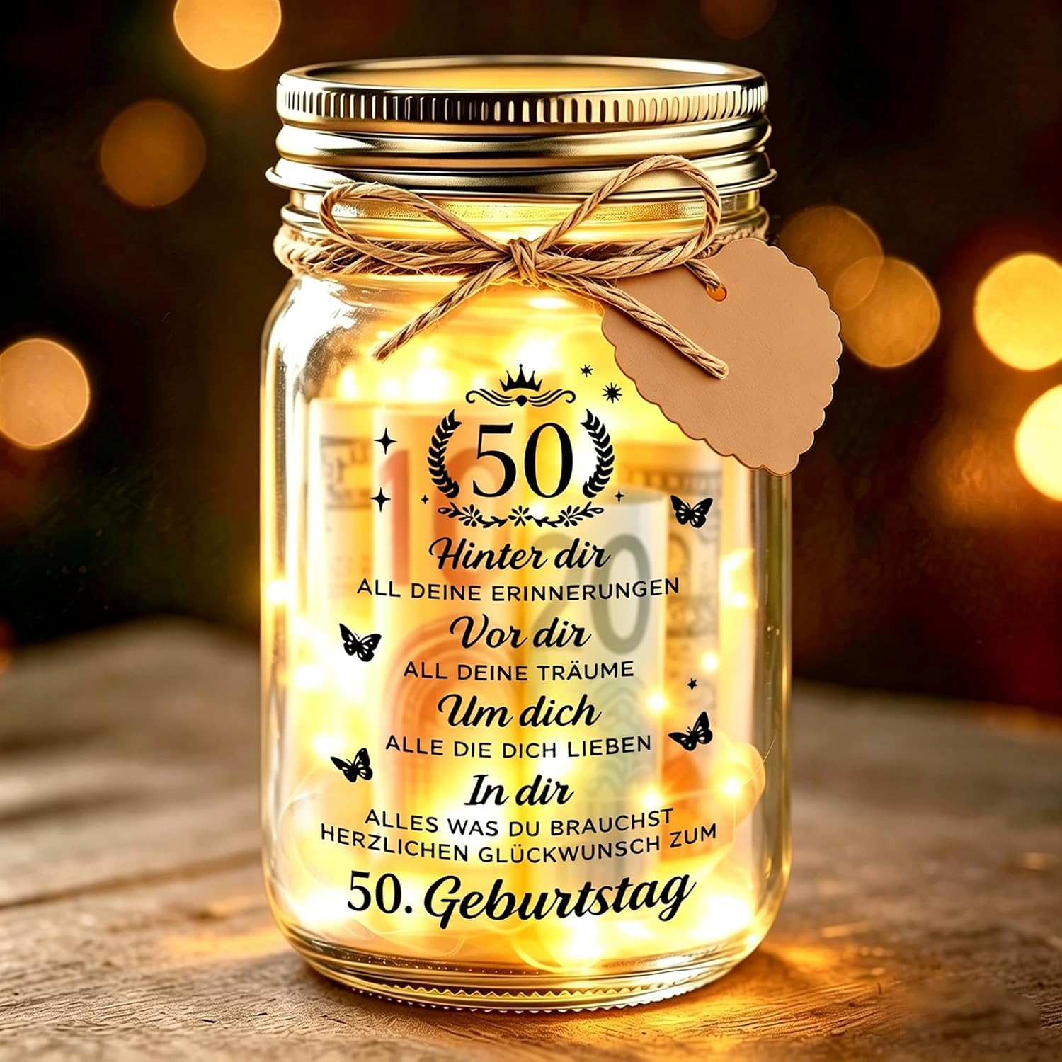 Thumbnail 1 de Johiux LED Flaschenlicht zum 50. Geburtstag mit Biene – Glücksbringer, Karte und Lichtdeko im Geschenketui