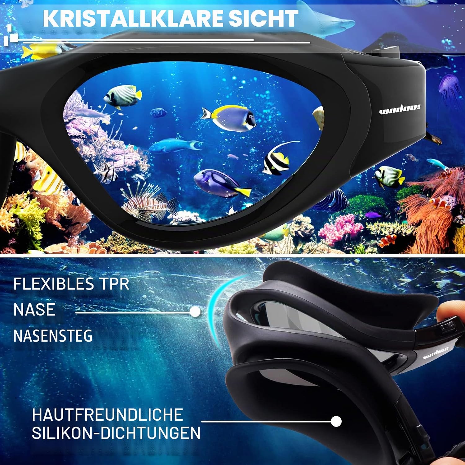 Detalle de Winline Schwimmbrille für Erwachsene & Jugendliche mit UV-Schutz, Anti-Beschlag und weichen Nasenstegen