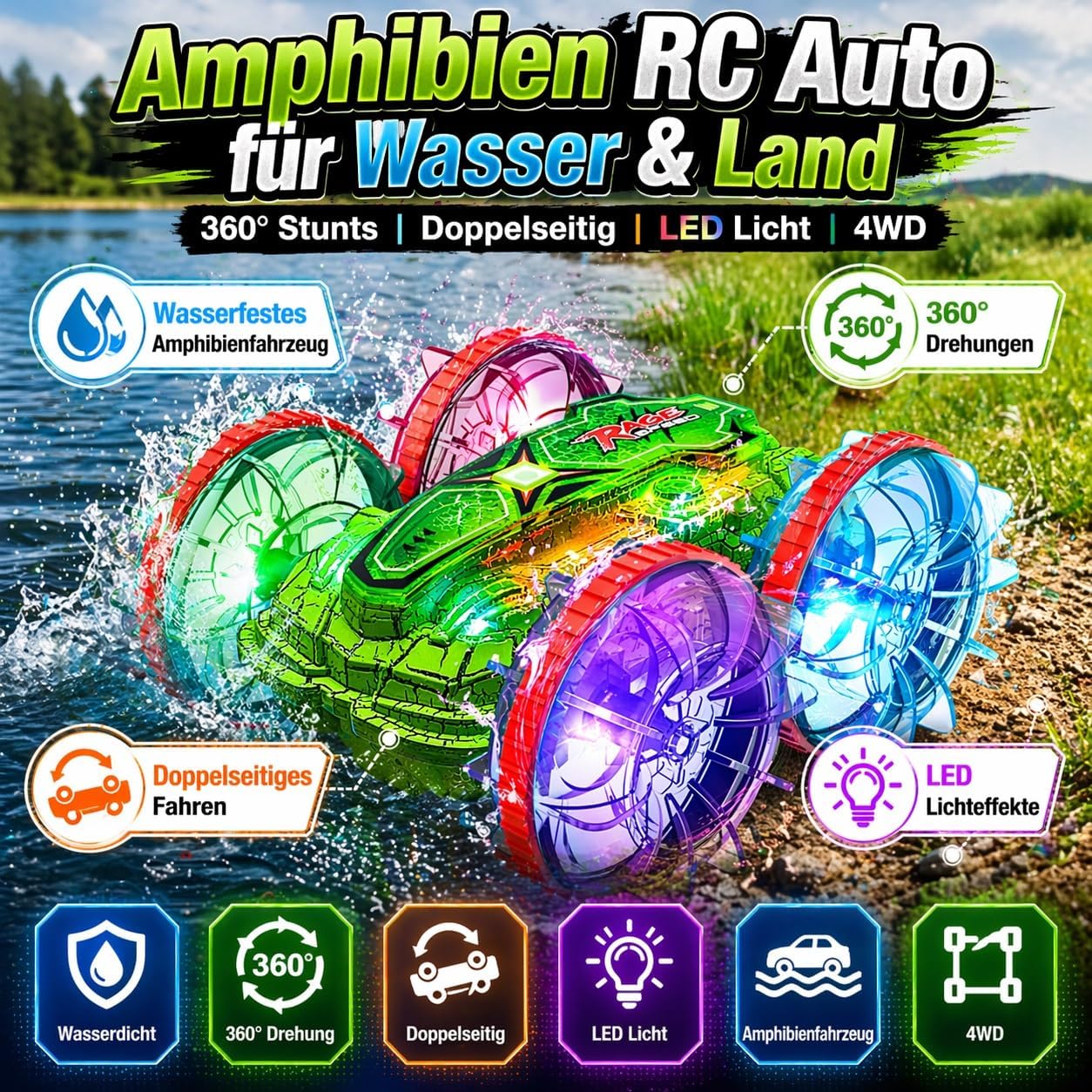 Detalle de Ferngesteuertes Amphibienfahrzeug: Outdoor-Fun für Kinder ab 6+ – Wasser & Land, 2×1200mAh Akkus, 360° Drehung