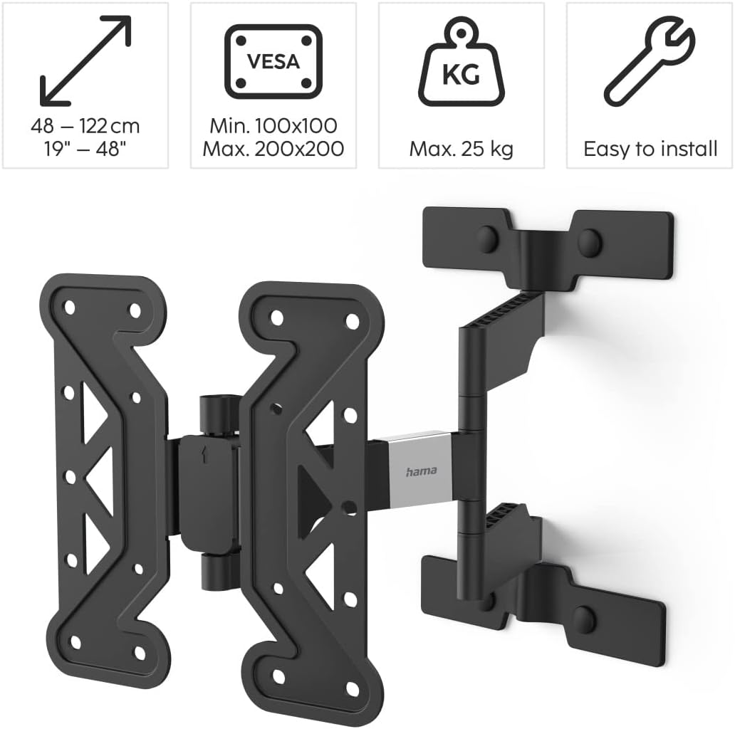 Thumbnail 1 de Support mural TV Hama Extra Plat inclinable pivotant (19 à 48 pouces) – VESA 100×100 à 200×200, charge 40 kg, garantie 10 ans