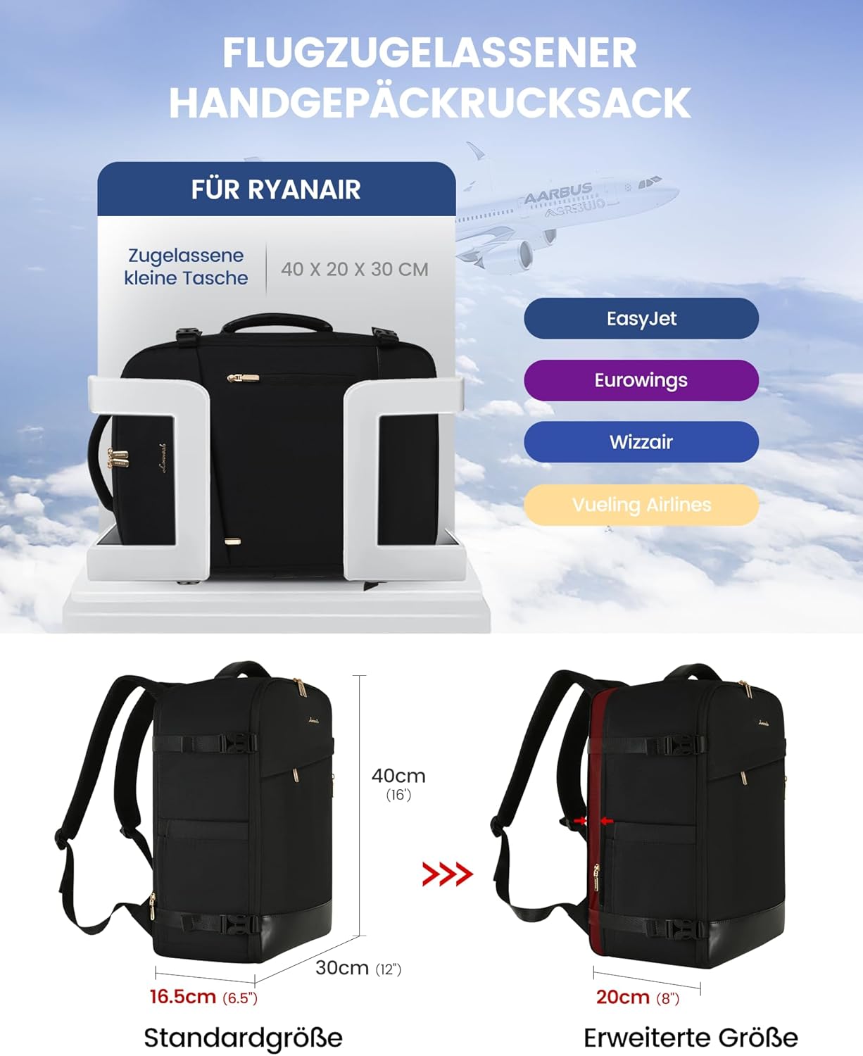 Detalle 2 de LOVEVOOK Handgepäck-Rucksack 50L (18 Zoll) – erweiterbar, wasserabweisend und als Cabin Bag nutzbar
