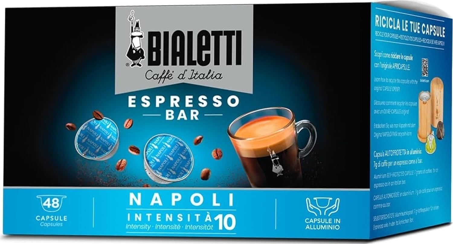 Detalle de Bialetti Caffè d'Italia Napoli Intensità 10 – Box 48 Capsule, Alluminio, Compatibili con Macchine Bialetti