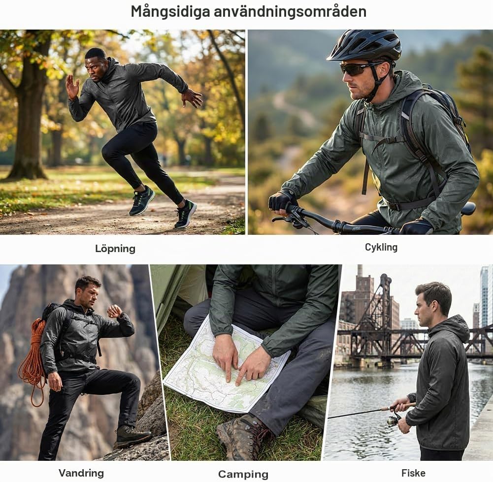 Detalle de BSBUY lätt regnjacka för män med huva, fickor och hopfällbar design