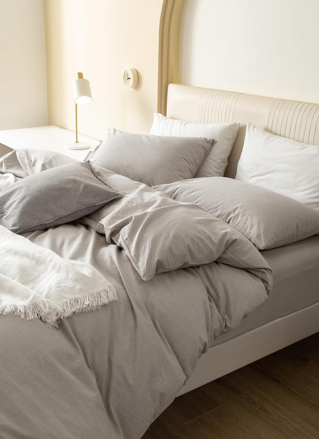 Thumbnail 5 de JIYUAN Alaska King Duvet Cover Set (3-Piece) in Heathered Cream Grey — 100% Washed Cotton, Hidden Zipper