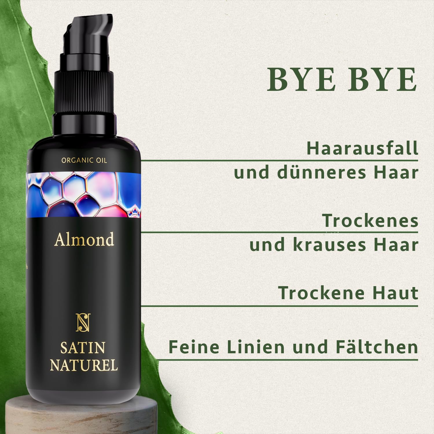 Detalle de Satin Naturel Mandelöl BIO kaltgepresst naturrein (100 ml) – 100% Süßes Mandelöl für Haar, Haut & Massage