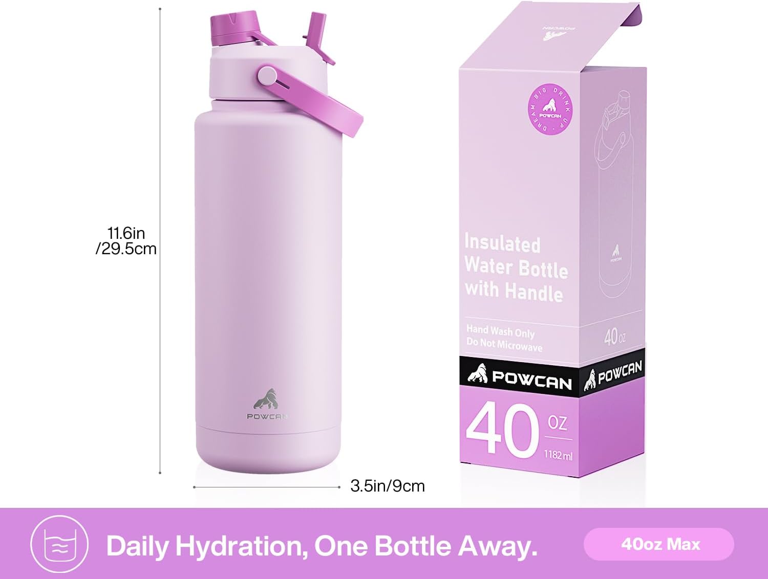 Detalle 1 de POWCAN iwbc-40oz1p-LP isolerad vattenflaska, 40 oz, med 2-i-1-lock