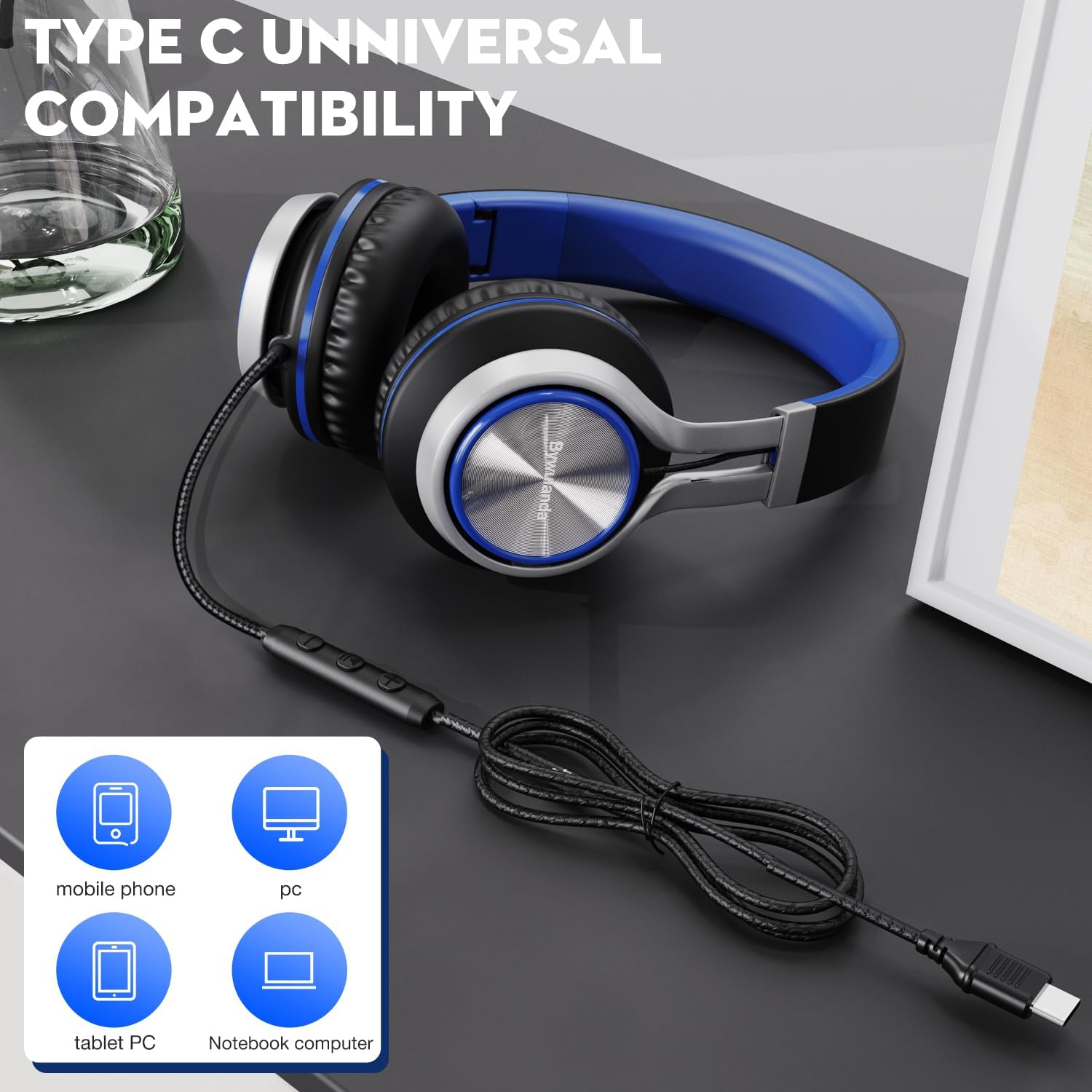 Thumbnail 6 de Bywulanda USB-C Headphones with Mic and Volume Control – Over-Ear, Foldable, 40mm Driver, 47in Braided Cable
