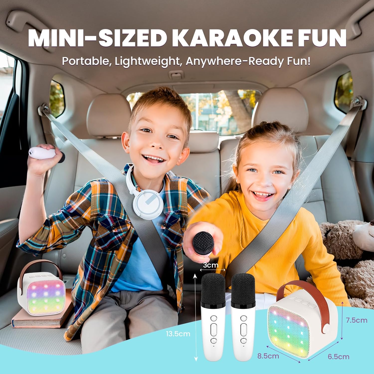 Detalle 2 de Kinder Karaoke Maschine mit Bluetooth-Lautsprecher, 2 Mikrofone, LED-Lichteffekte – Tragbare Karaoke-Box (Weiß)