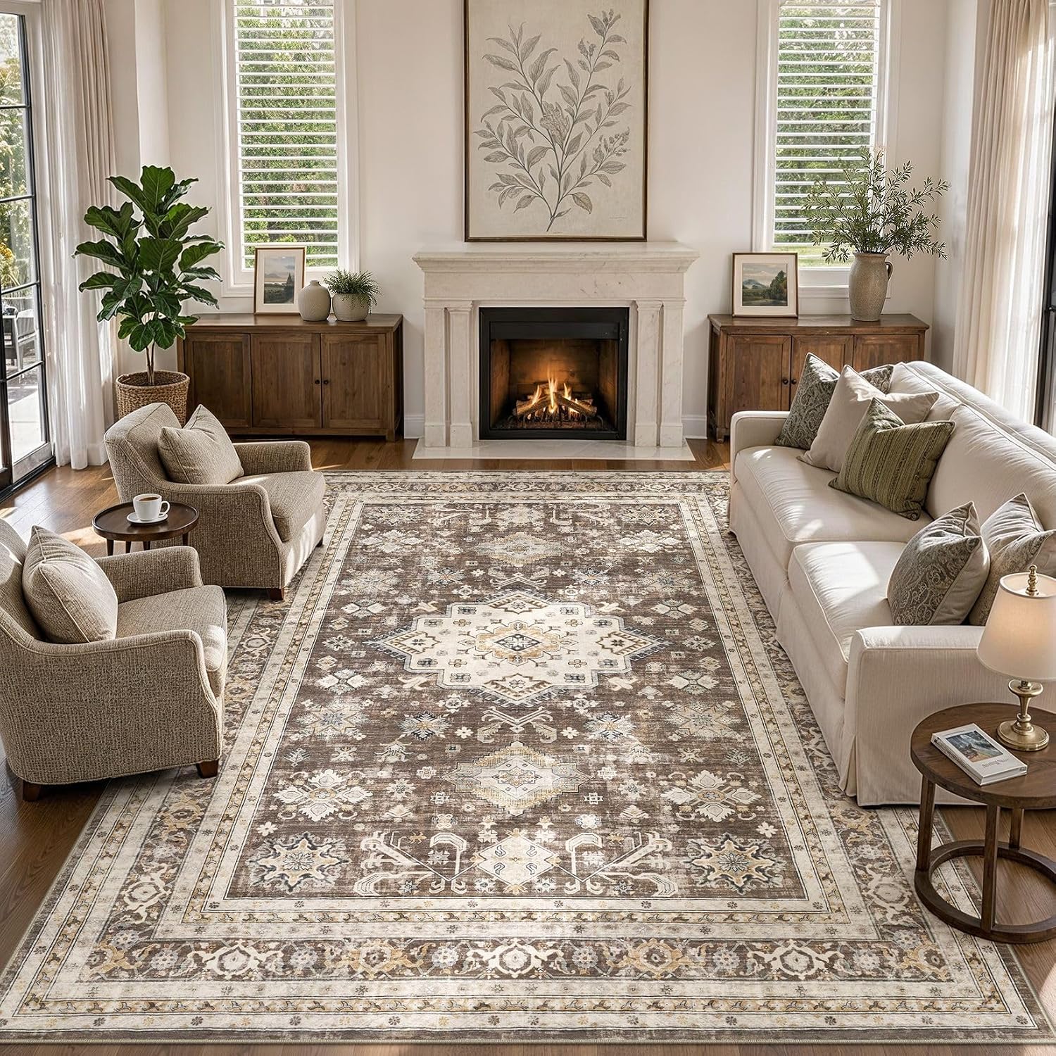 Detalle 2 de Vintage Living Room Area Rug 9x12 in Dark Brown (Traditional, Washable) for Bedroom, Office & More