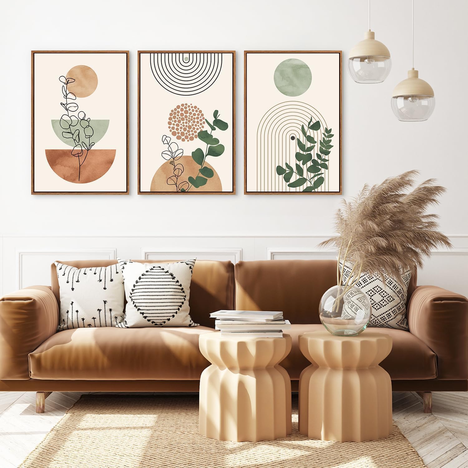 Detalle de HPNIUB Boho Grün Leinwandbild im Rahmen (40 x 60 cm) – abstrakte Wanddekoration im Mid-Century-Stil