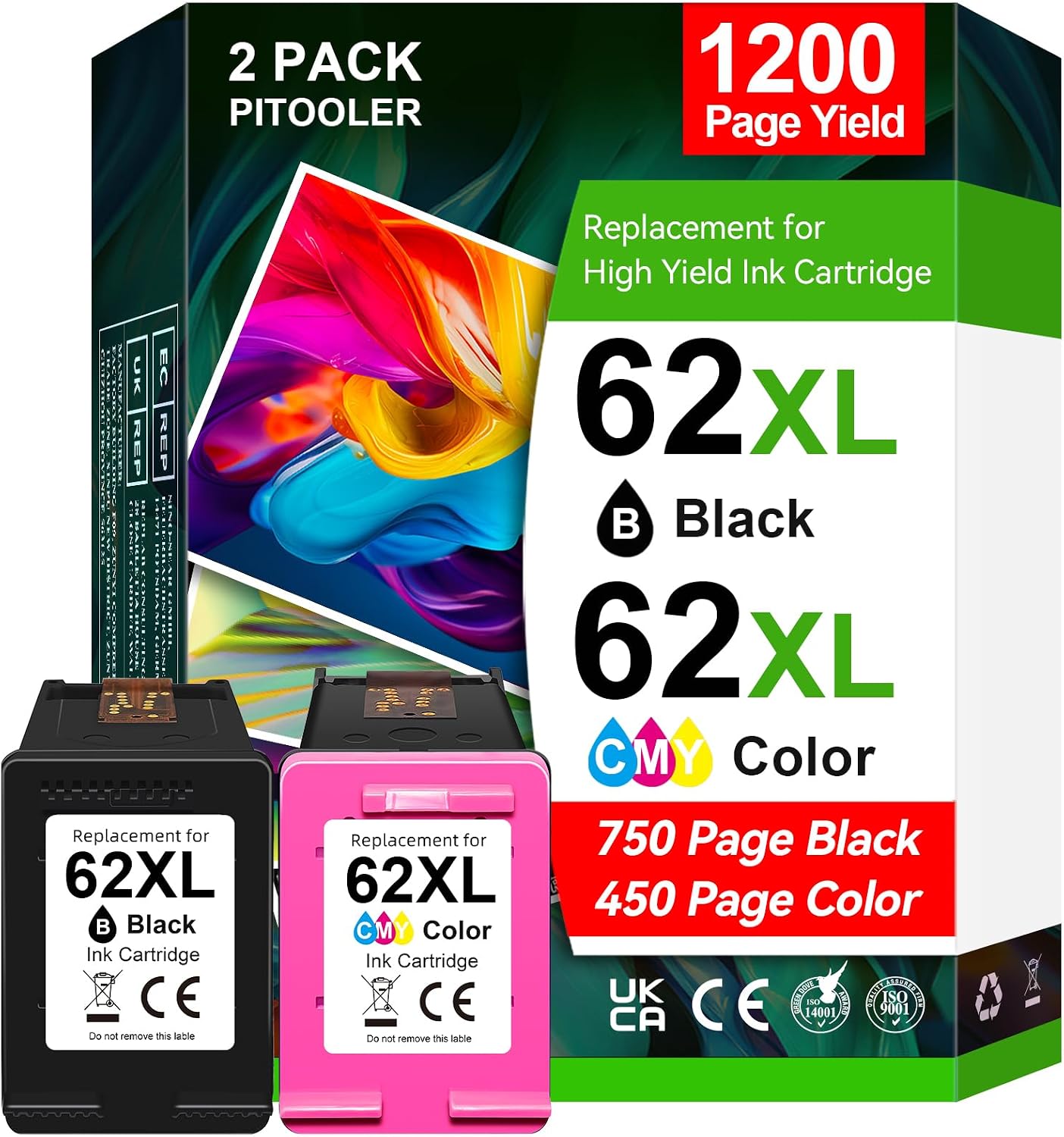 Detalle de Pitooler 62XL Black and Tri-Colour High-Yield Ink Cartridges for HP