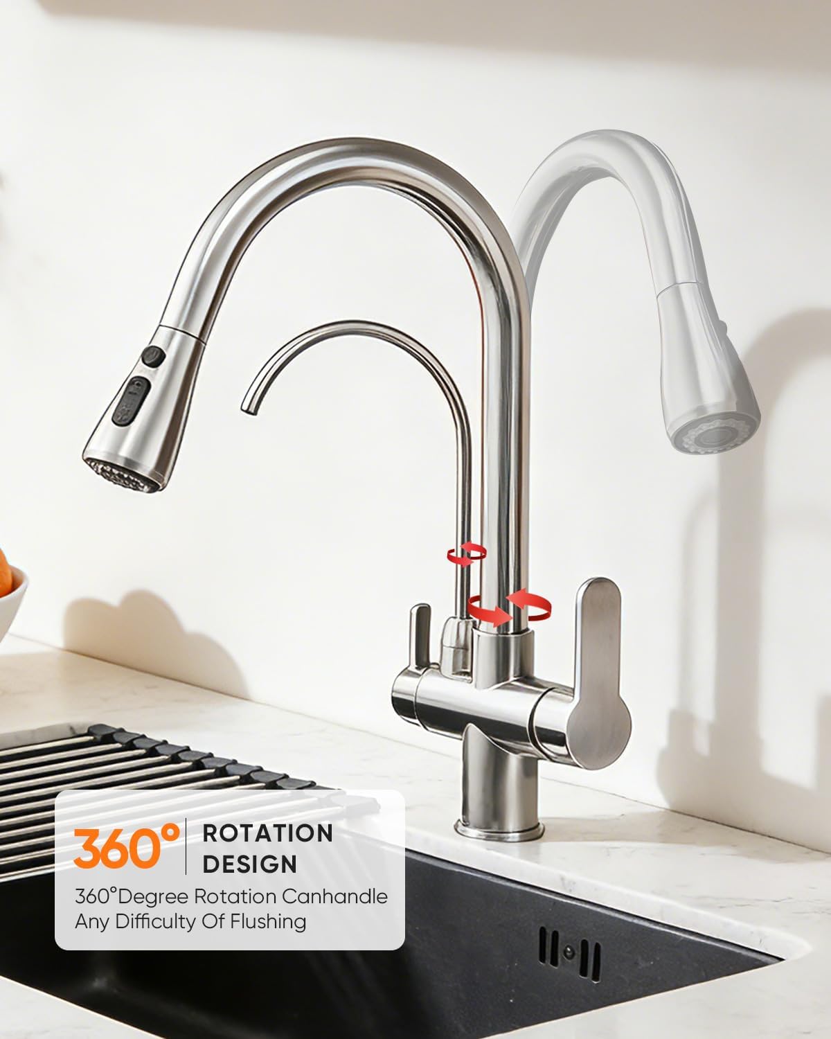 Detalle de Kitchen Faucet with Water Filter Spout — 2-in-1 Brushed Nickel Pull-Down Faucet by OWOFAN