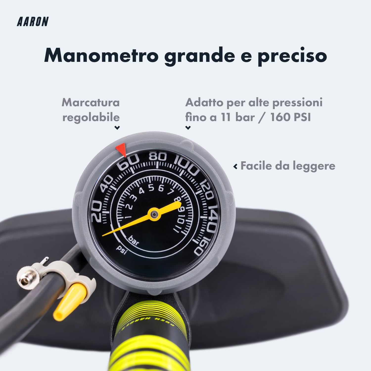 Detalle 2 de AARON Sport One: Pompa a pavimento per Biciclette con manometro, alta pressione fino a 11 bar/160 psi