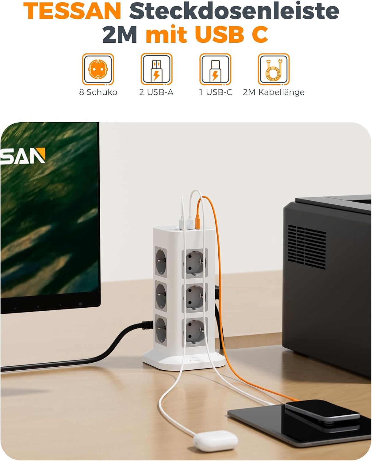Detalle 2 de TESSAN Mehrfachsteckdose 3600 W mit 12 Tomen