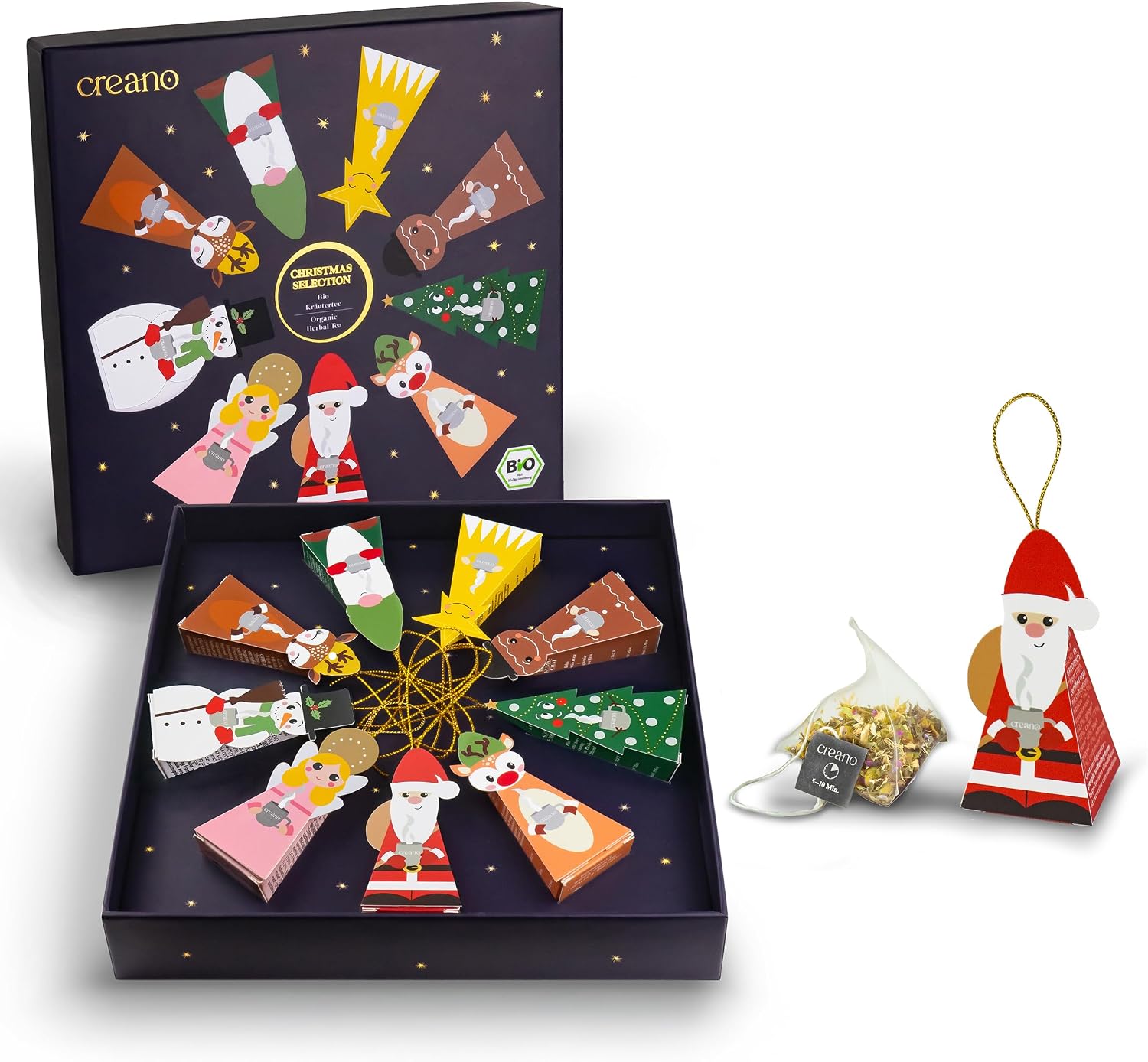 Detalle de Creano biologische kerstthee-cadeaubox met 9 kerstfiguren en piramidezakjes