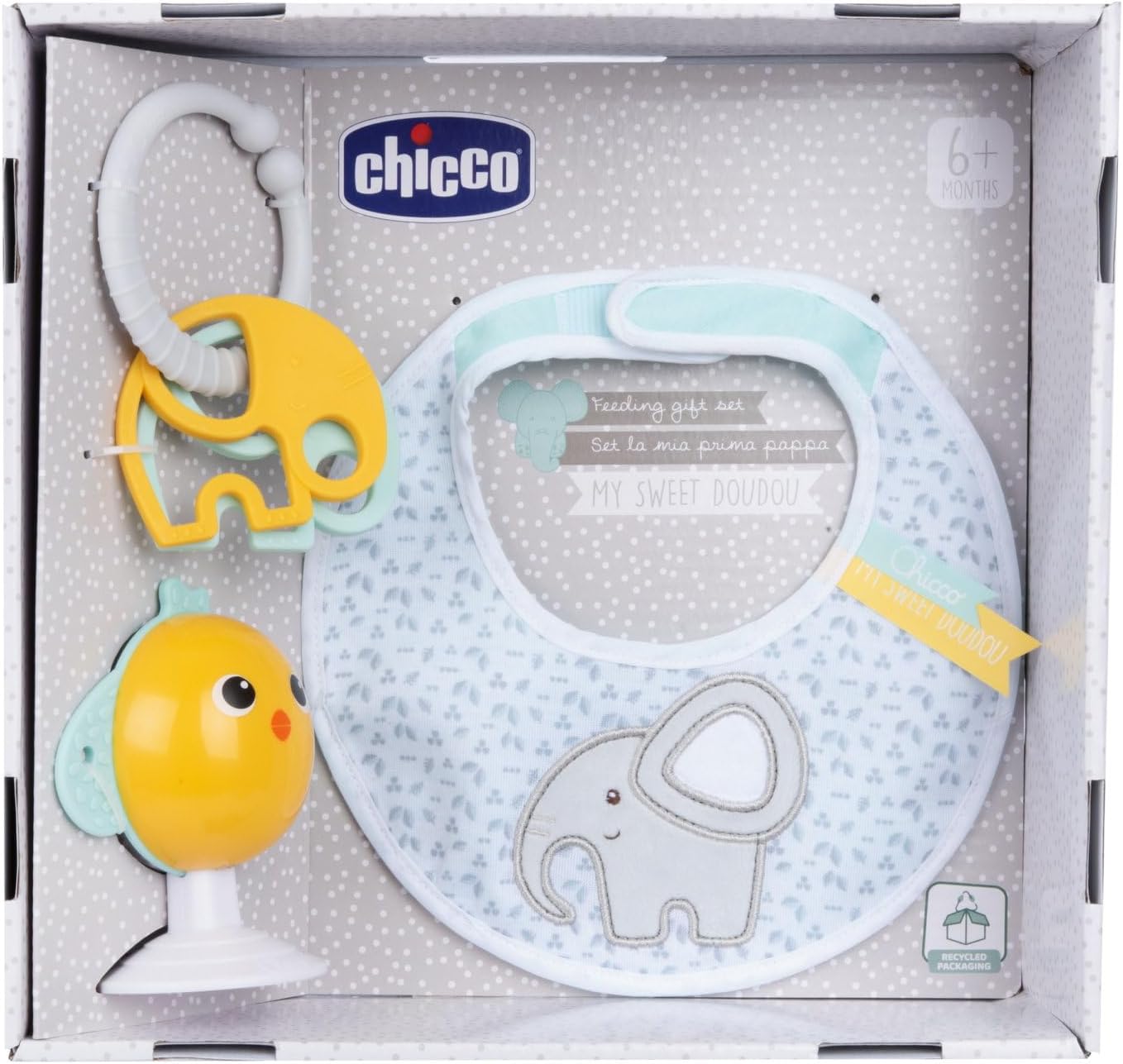 Detalle de Chicco Set Regalo Nascita My Sweet DouDou: DouDou Topolino, Portaciuccio Pulcino e Massaggiagengive Elefantino