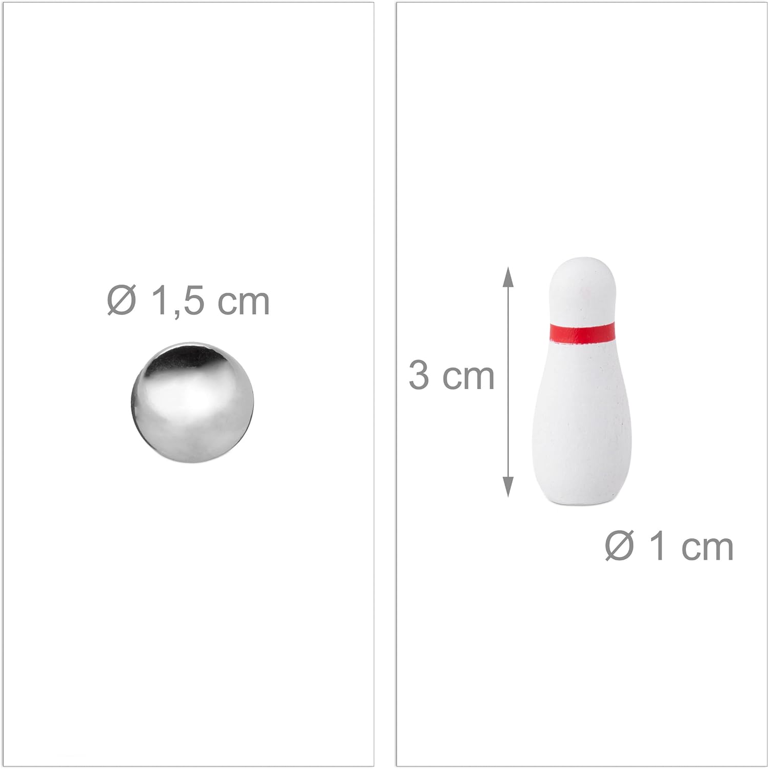 Detalle de Relaxdays Bowling de Table – Mini-jeu sur table (10 quilles, 3 ans+), design MDF et boule métallique