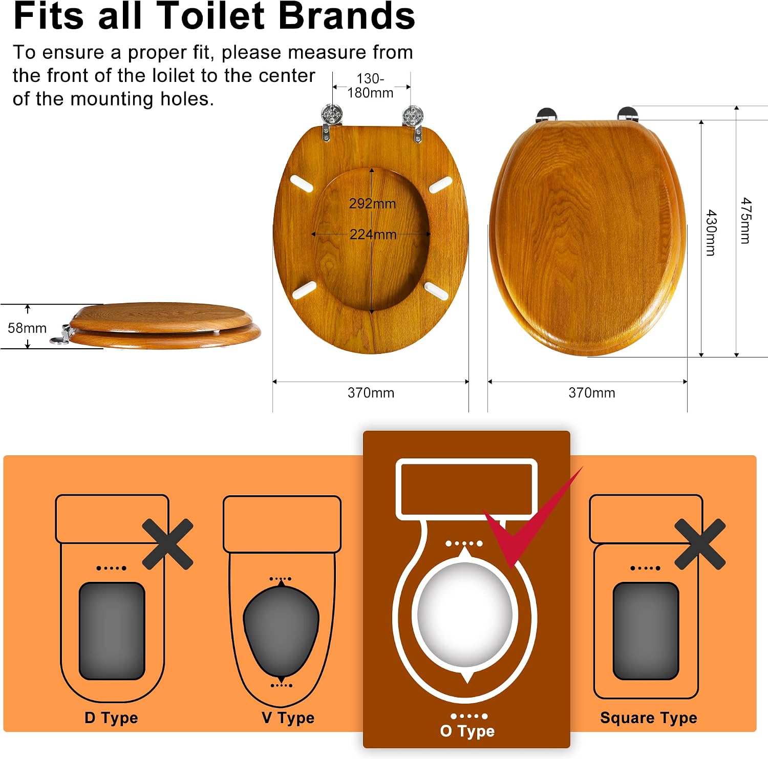 Thumbnail 2 de Angel Shield Natural Wooden Toilet Seat with Zinc Alloy Hinges (Oak Yellow)