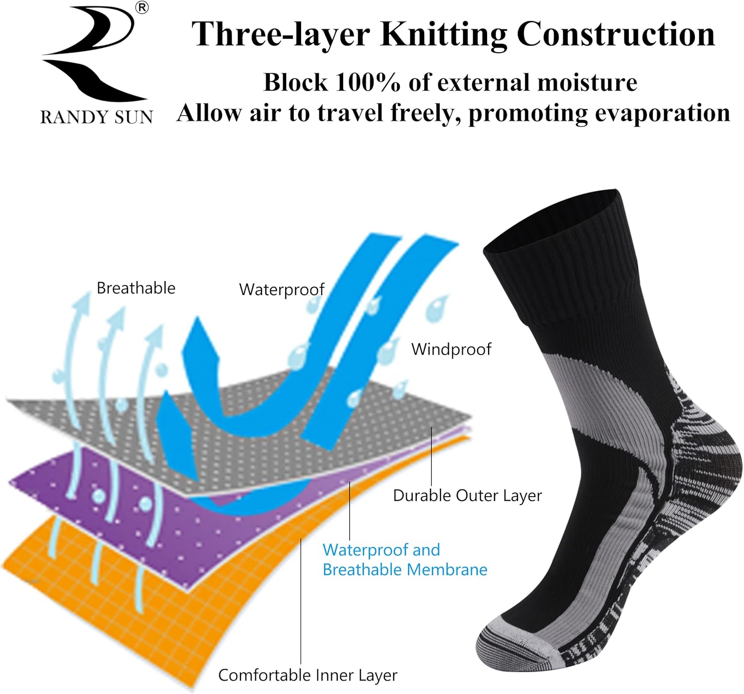 Thumbnail 5 de RANDY SUN Chaussettes imperméables respirantes Modèle Original unisexe pour ski, randonnée et trekking