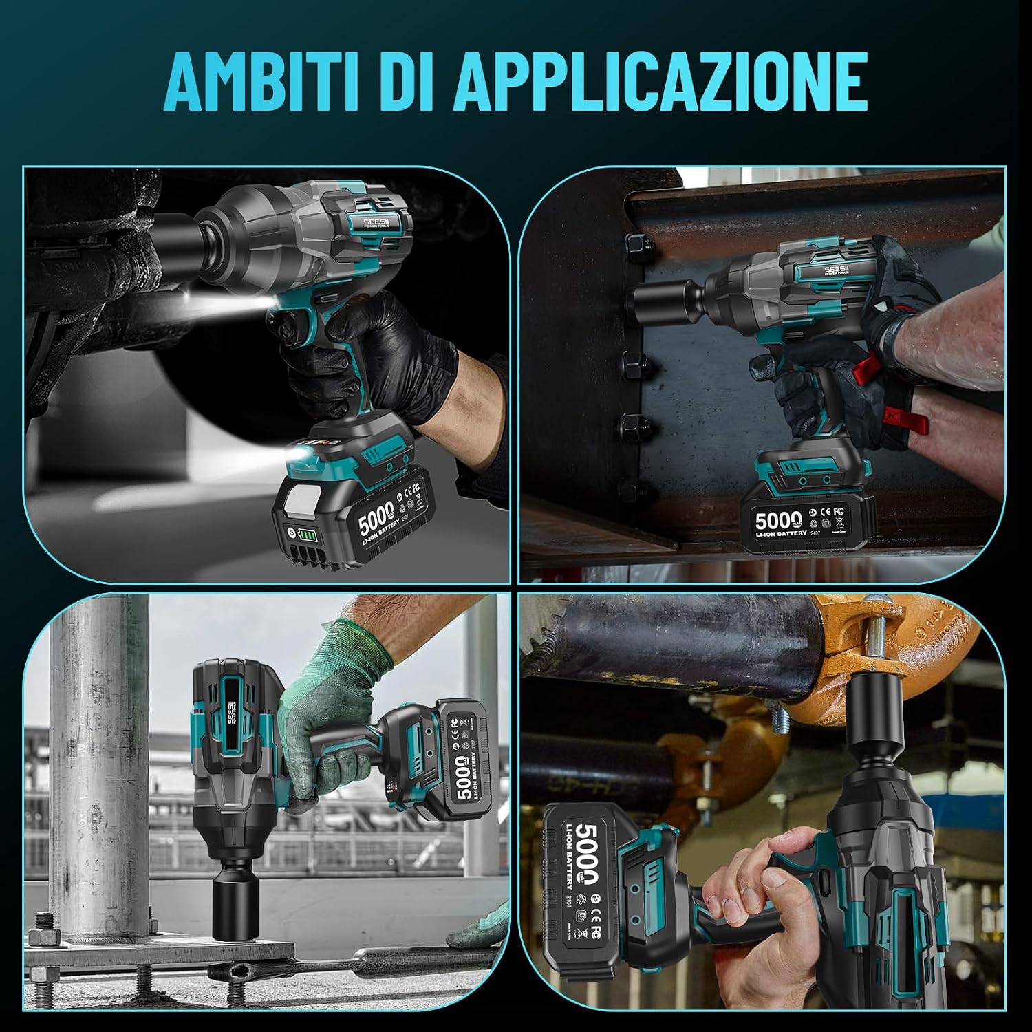 Thumbnail 6 de Seesii Avvitatore a Impulsi 1800Nm 3/4'': potenza per ruote e viti lunghe con due batterie e adattatore