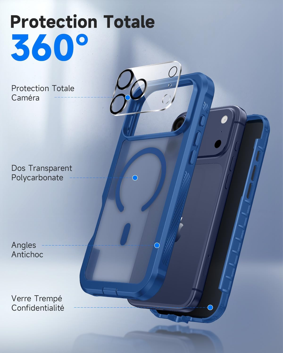 Thumbnail 2 de Coque Magnétique Seacosmo pour iPhone 17 Pro Max — Verre trempé anti-espion, MagSafe, dos translucide bleu