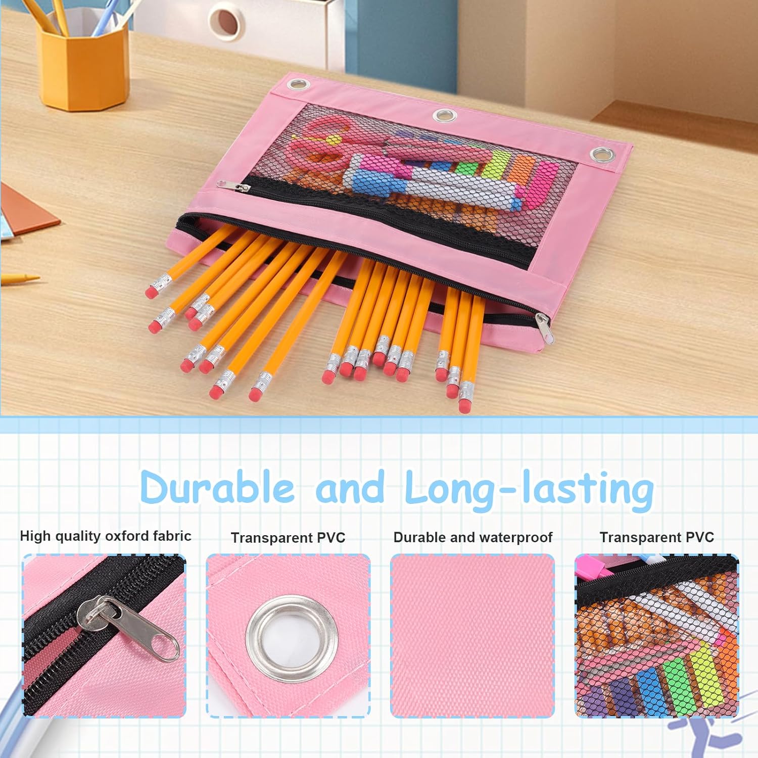 Thumbnail 4 de Mynoozi 3‑ring clear pencil case — pink ✏️