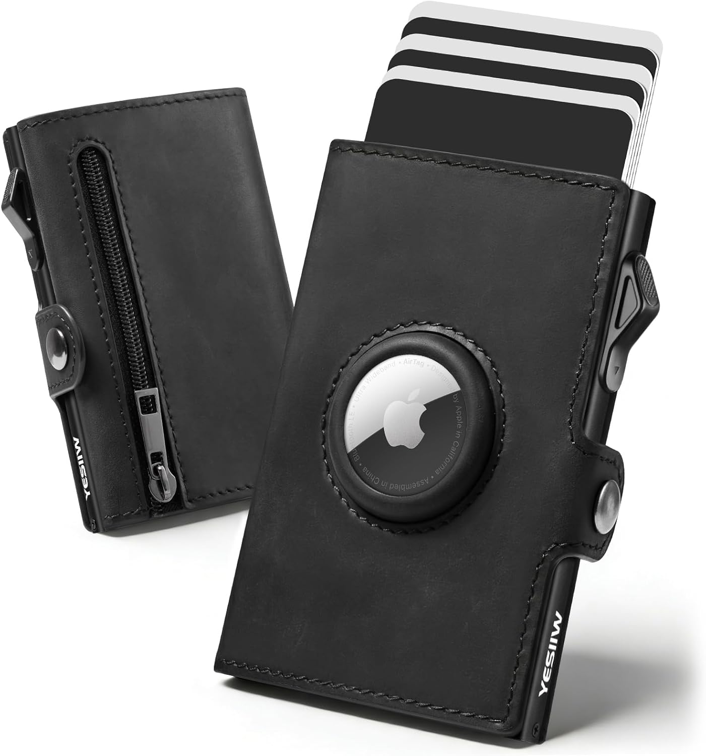 Detalle de YESIIW Porte Carte Airtag en cuir véritable – Pop-up, RFID et emplacement AirTag