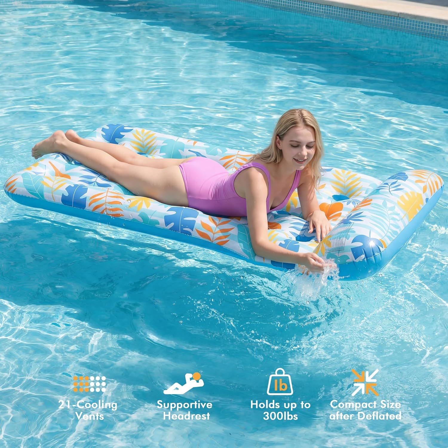 Thumbnail 4 de Stonful 2-Pack Inflatable Pool Float Mat with Headrest (75 x 34 in), Cooling Holes & 300 lb Capacity