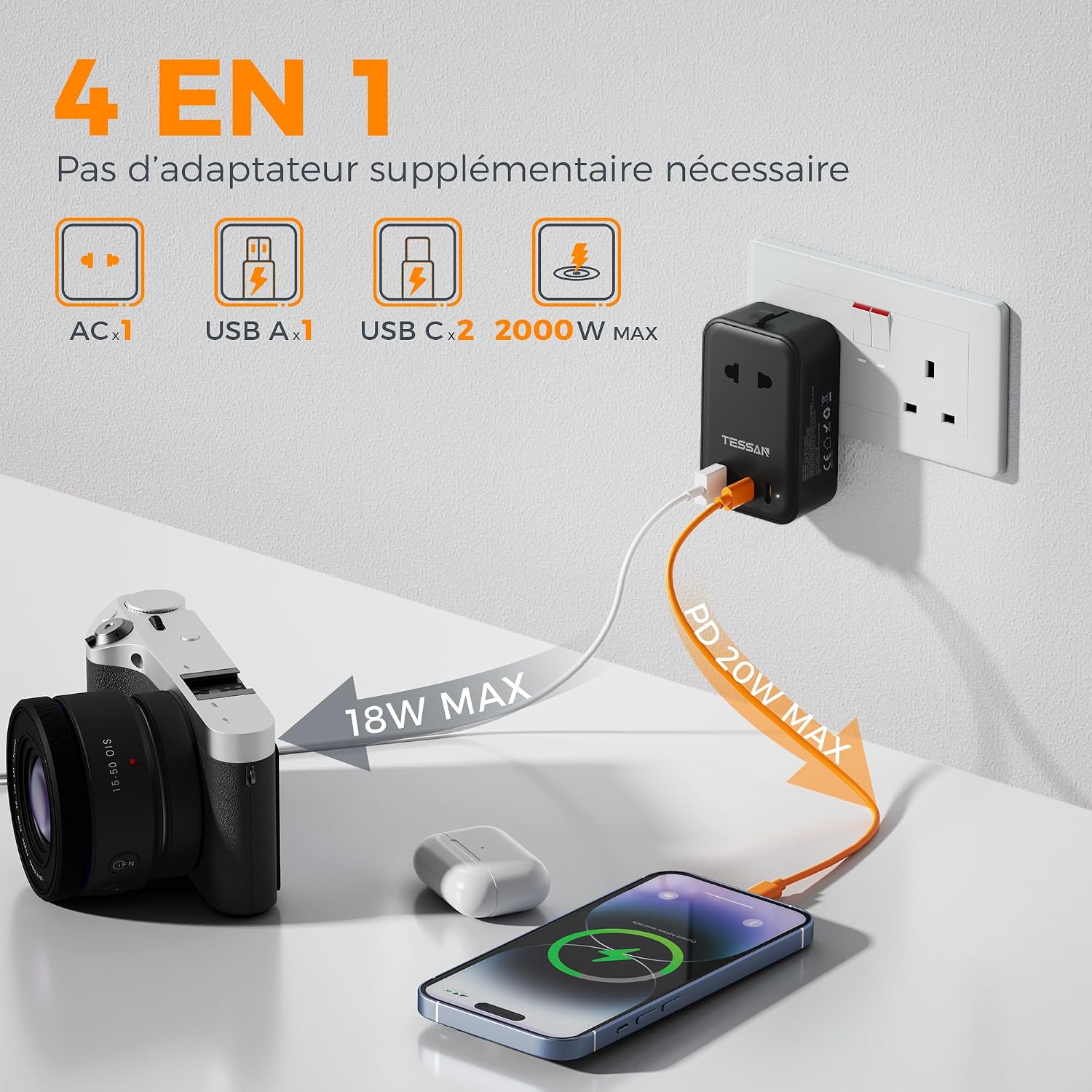 Detalle de TESSAN Adaptateur Prise Universelle PD 20W — Voyage 4-en-1 avec 2 USB-C et 1 USB-A