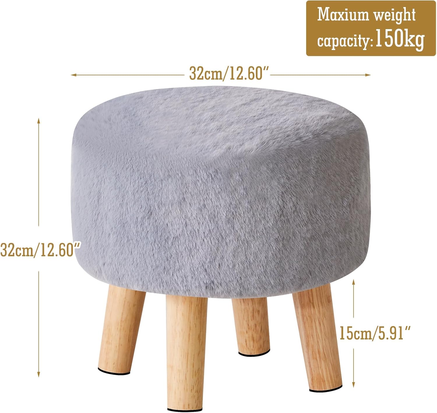 Thumbnail 2 de YMYNY Rotondo Poggiapiedi/Sgabello Ottomano in Poliestere con Gambe in Legno – Grigio, 32×32×32 cm