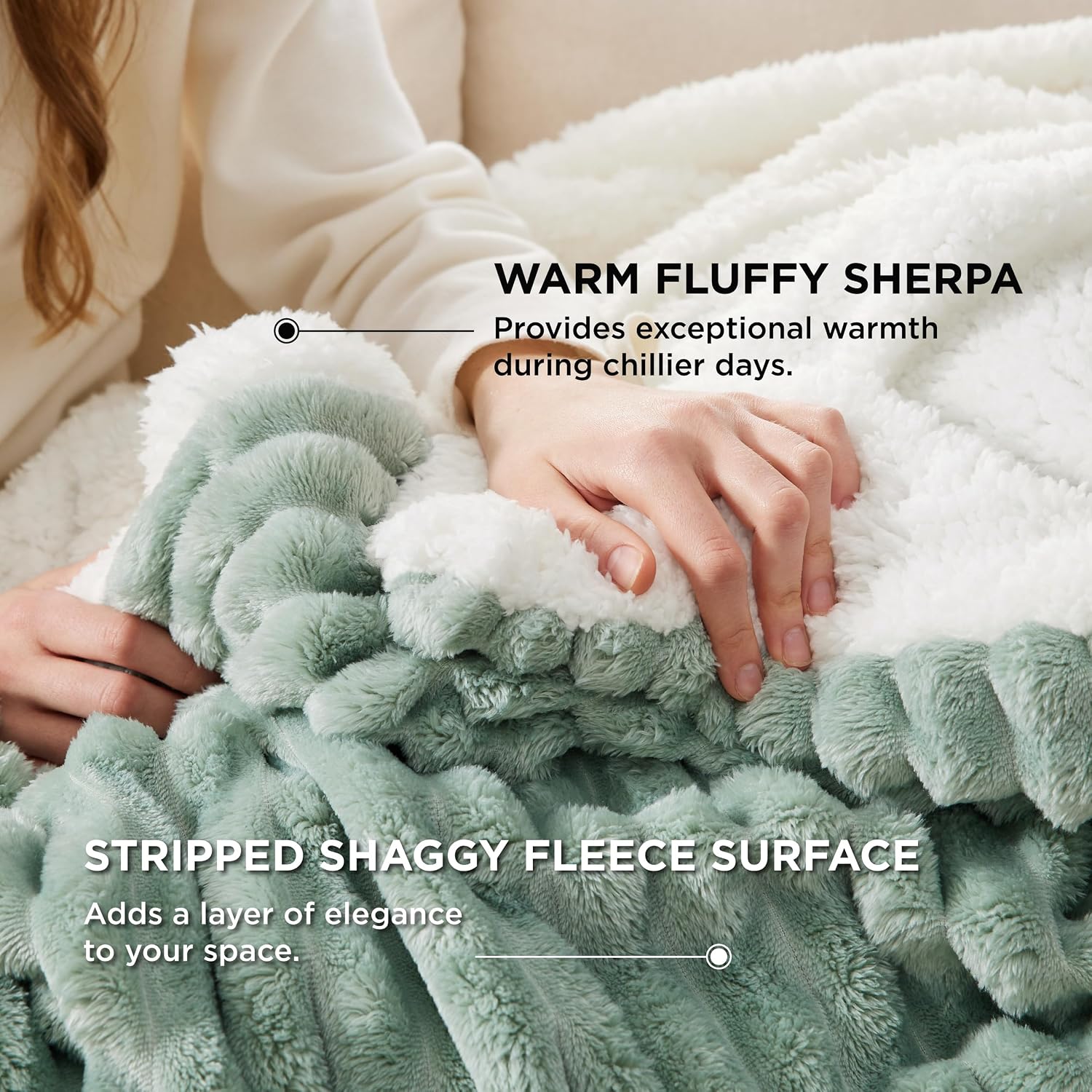 Detalle de Bedsure Soft Sherpa Blanket, Sage Green, Twin 60" x 80