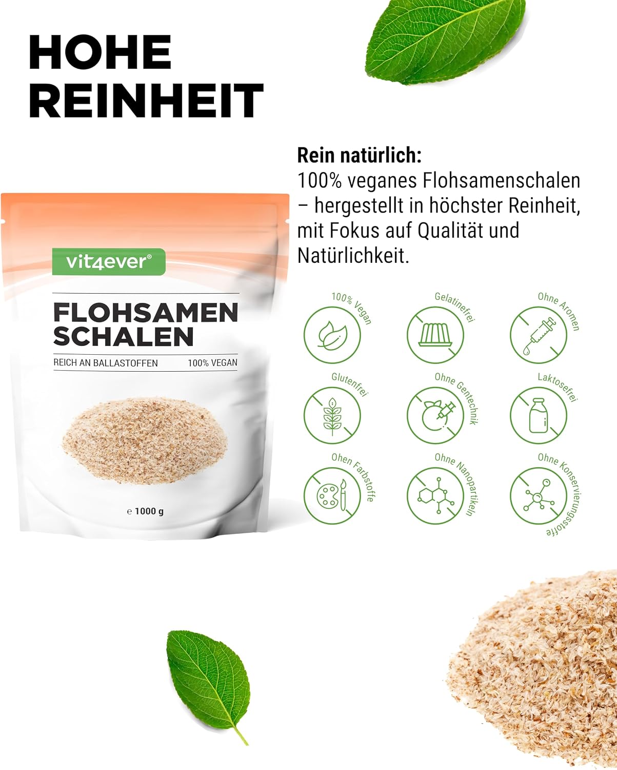 Detalle de vit4ever Flohsamenschalen 99% Reinheit (1.000 g) – vegane Psyllium-Husks ohne Zusätze