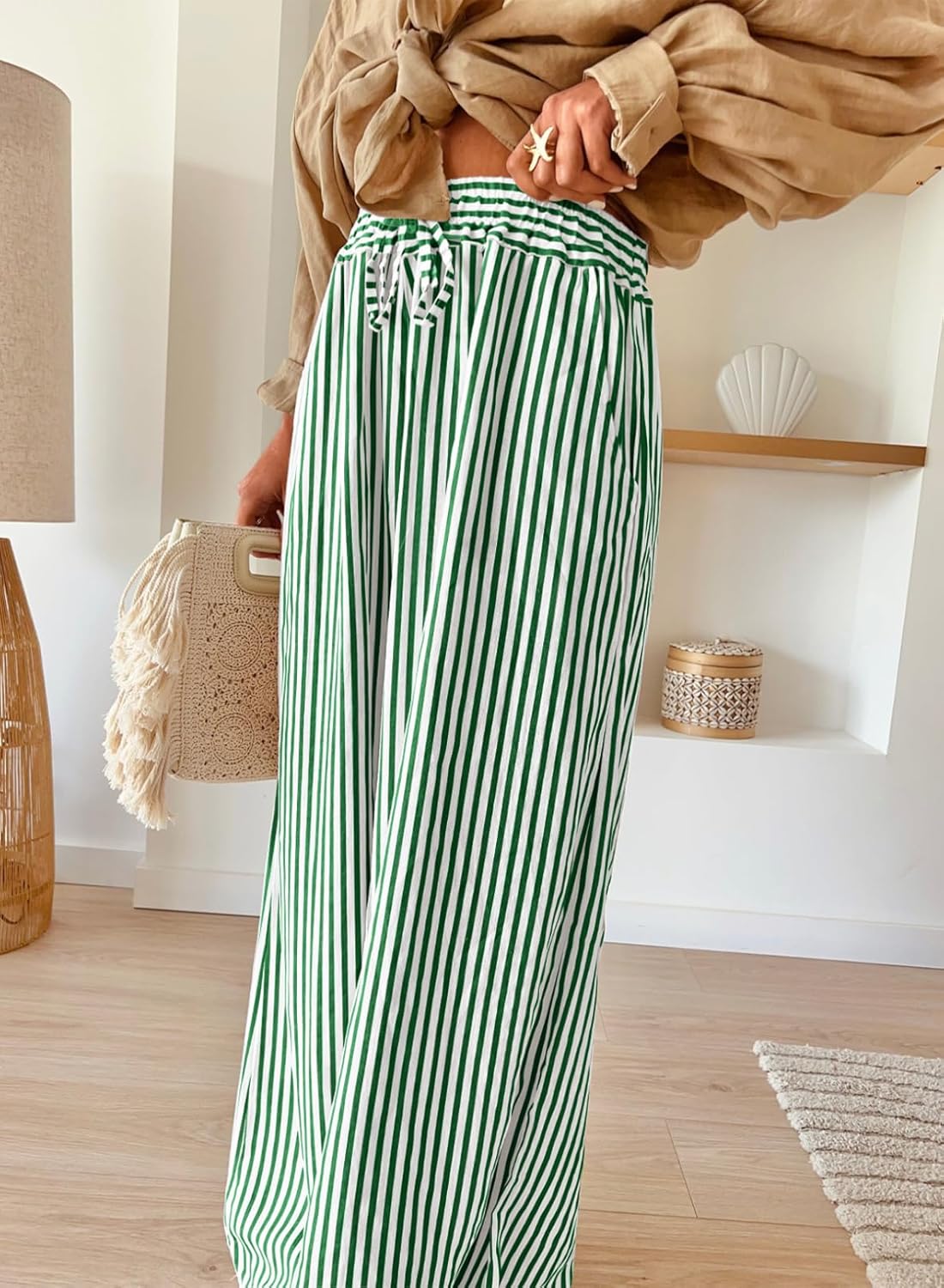 Thumbnail 2 de Acelitt Women Casual Drawstring Elastic Waist Striped Wide Leg Pants with Pockets