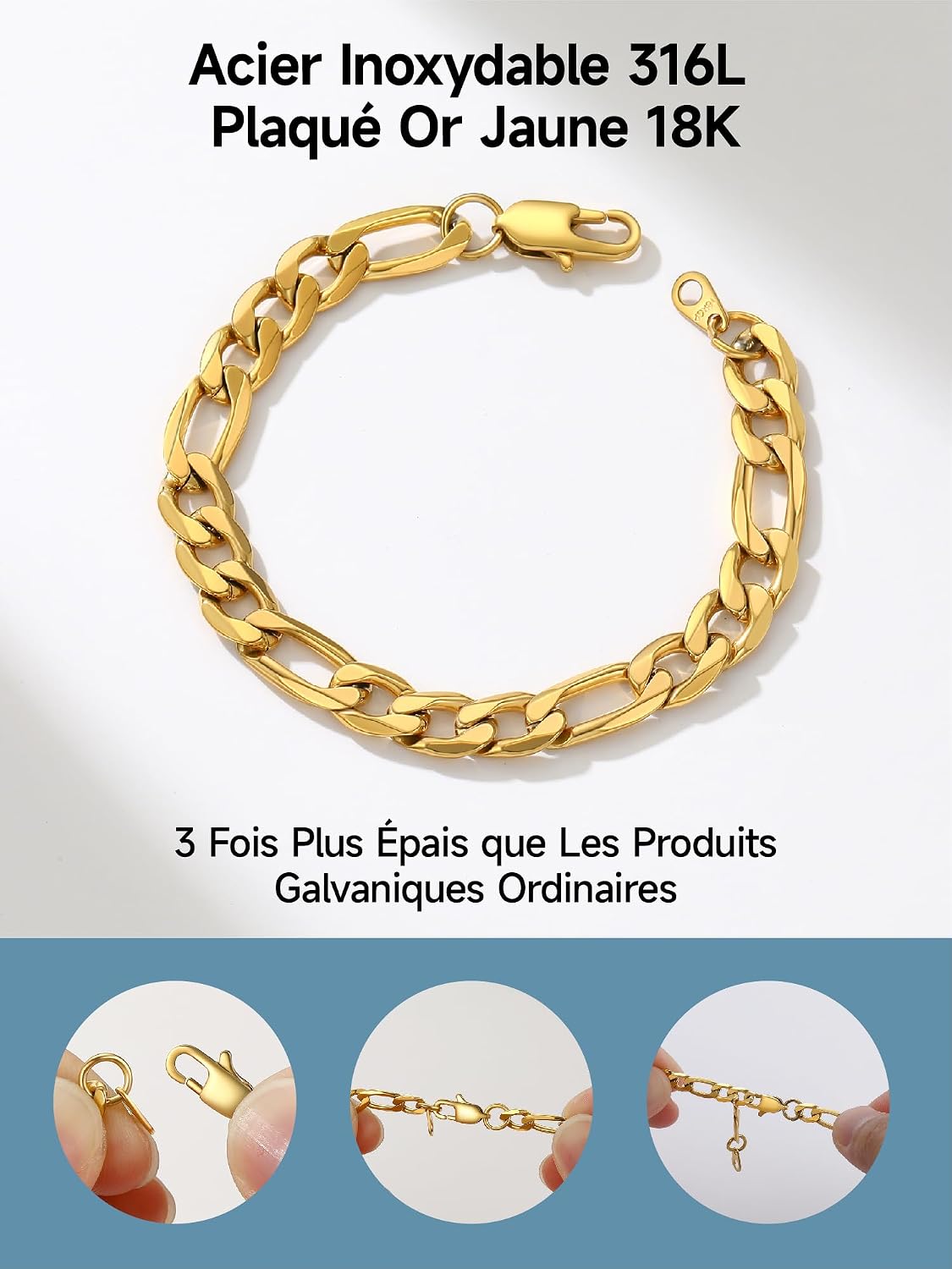 Detalle 1 de PROSTEEL Gourmette homme à mailles Figaro 6/9/13 mm en acier inoxydable, plaqué or ou noir – bracelets chaîne (19/21/23 cm)