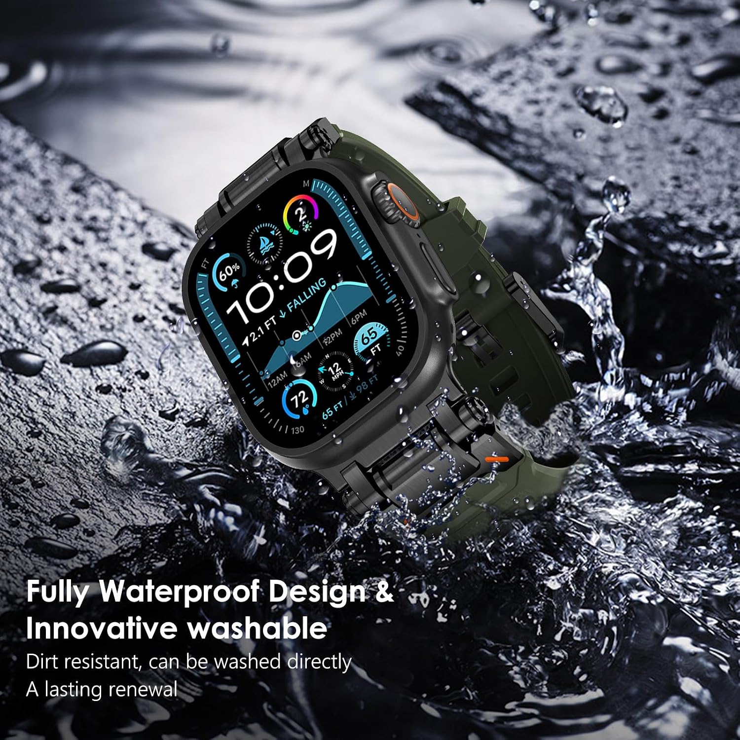 Detalle de Fullife liquid silicone sports strap with stainless steel connector (green/black) for Apple Watch 42–49mm