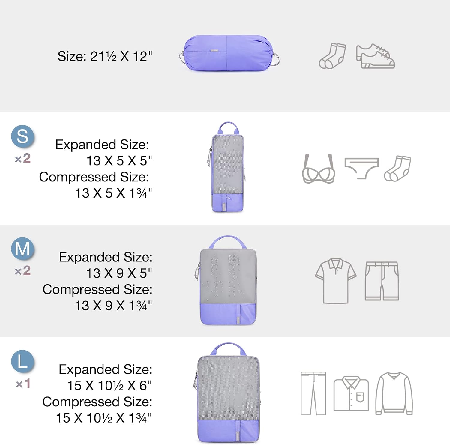 Thumbnail 1 de Bagsmart Compression Packing Cubes (6-set) for Suitcases & Backpack in Purple
