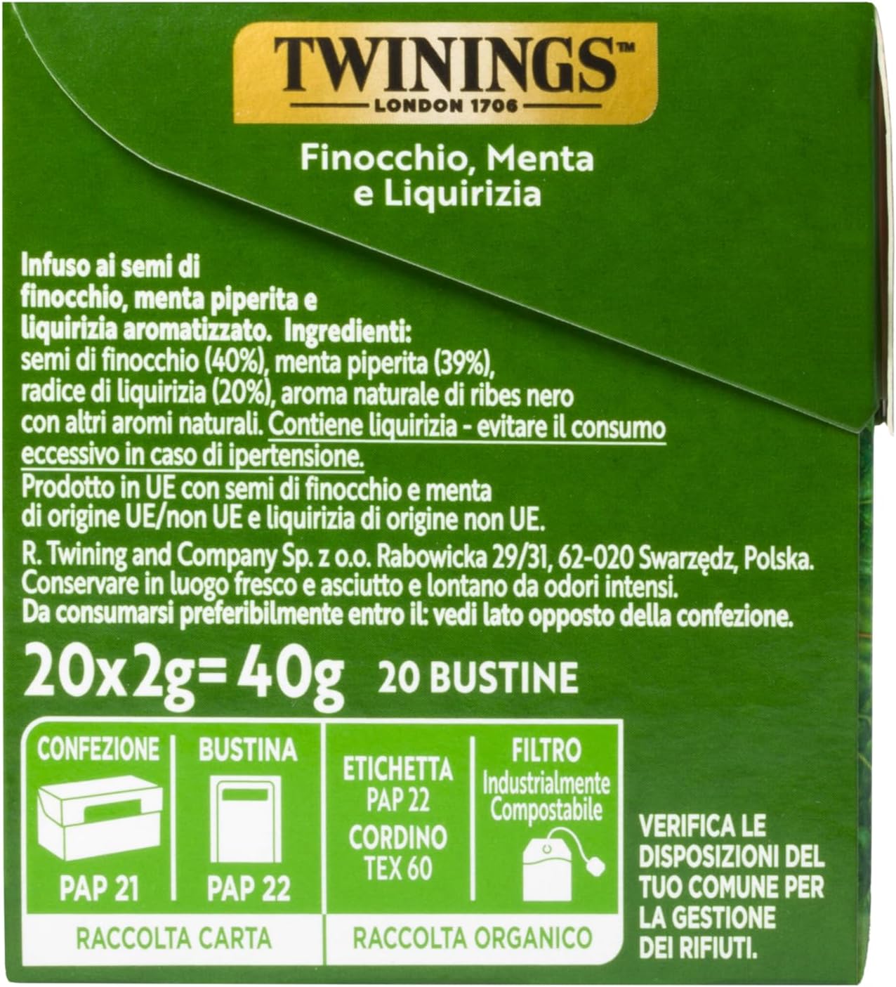 Detalle de Twinings Infuso Aromatizzato Sensations Finocchio, Liquirizia e Menta – 6 Confezioni da 20 Filtri (120 Filtri)