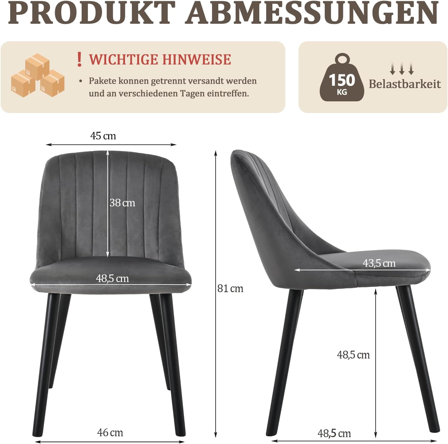 Detalle de Lot de 6 chaises de salle à manger Goeurvant gris foncé en velours et pieds en bois