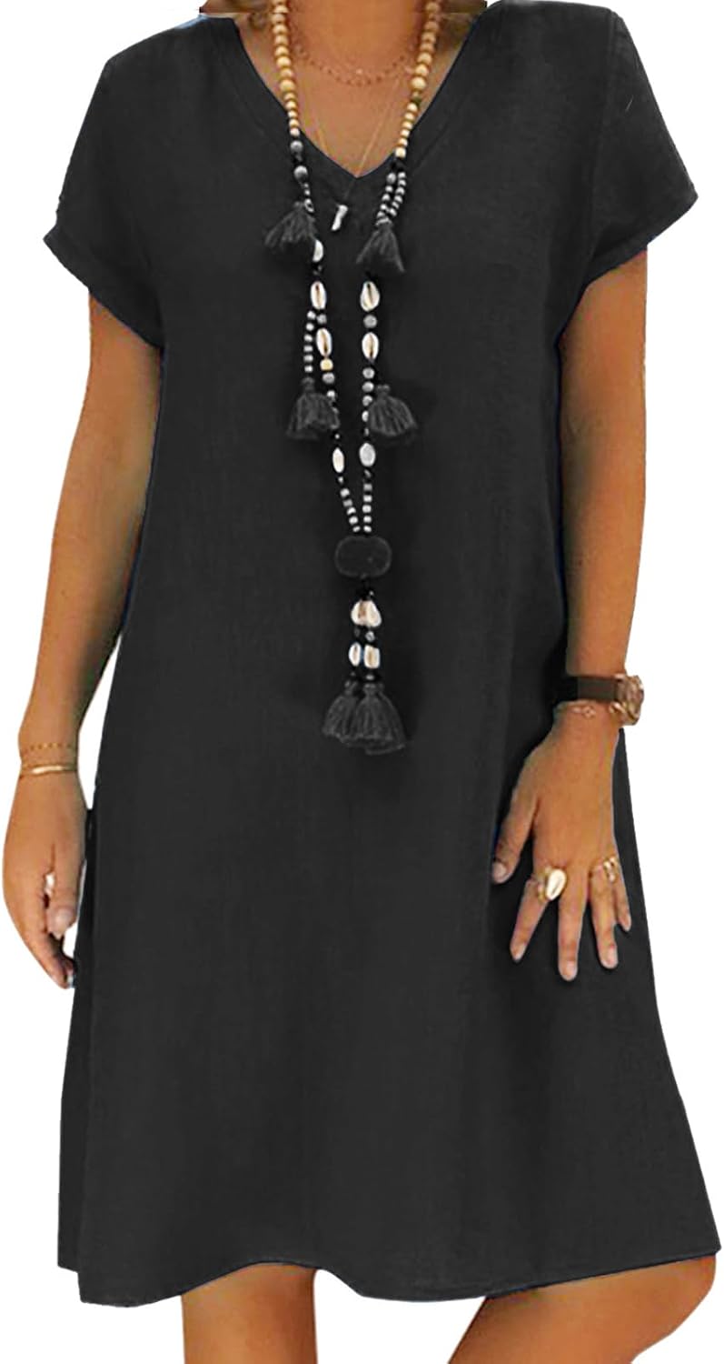 Thumbnail 6 de Tincini Sommerkleid Damen aus Leinen & Baumwolle – V-Ausschnitt Midikleid mit A-Linie