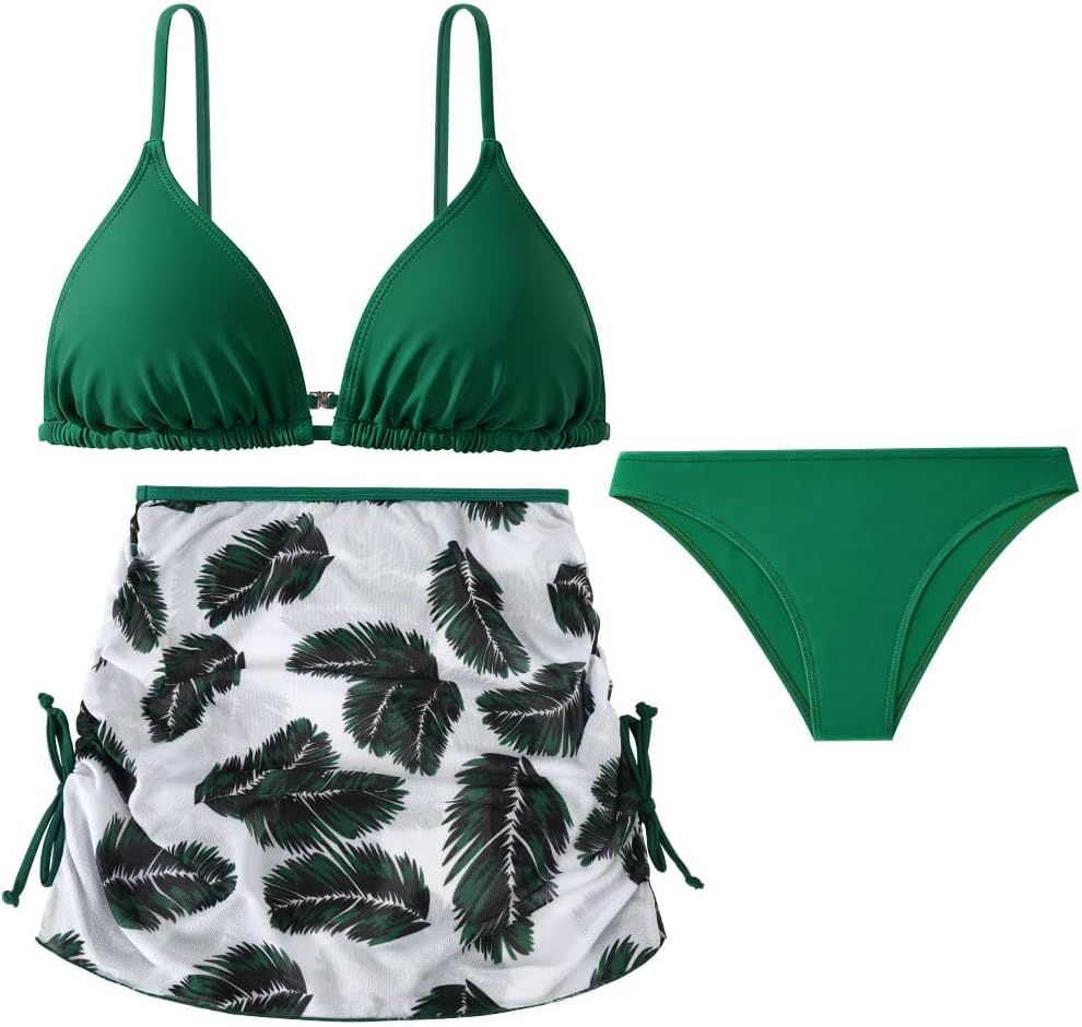 Thumbnail 1 de Aolso Girls’ Swimsuit Set, 3 Bikini Tops, Tanga Bottom with Skirt, Blue/Green