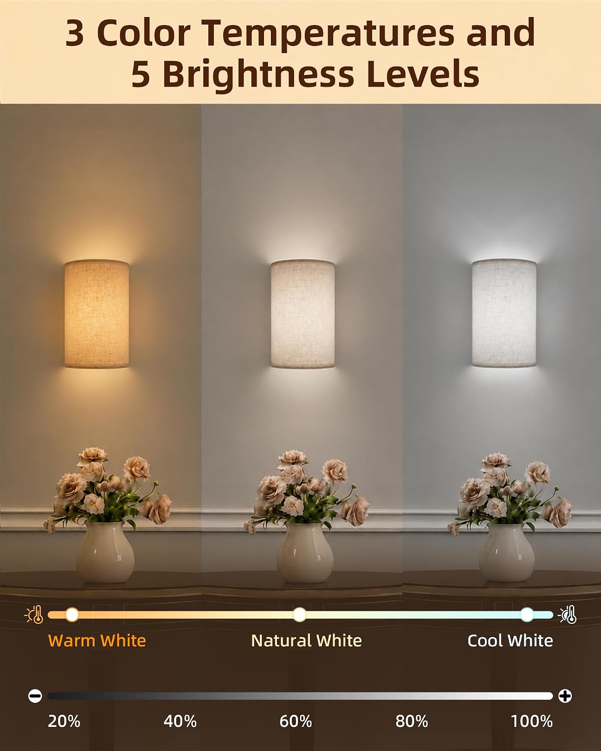 Detalle 2 de EZVALO Rechargeable Wall Sconce Set of Two with Remote, Linen Shade, RGB Lighting